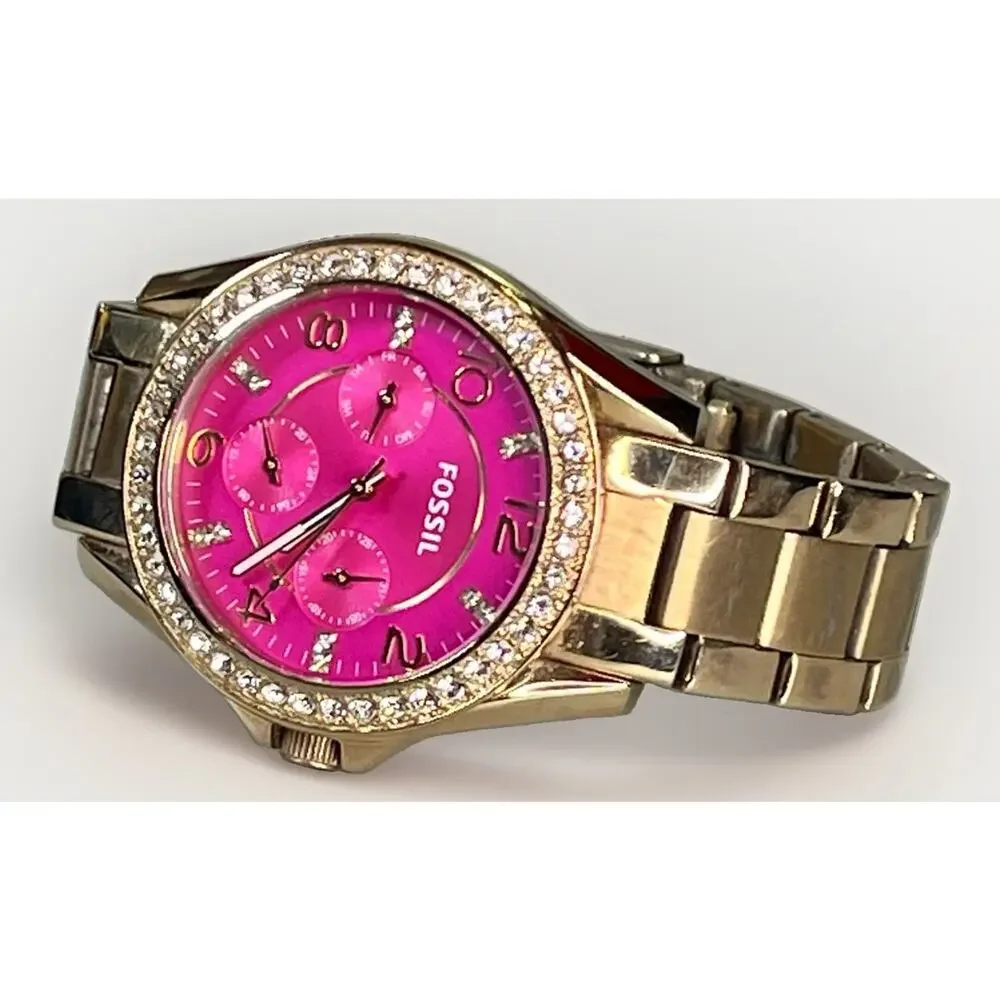 FOSSIL Women’s Gold Tone Crystal Bezel Pink Dial Watch ES3071